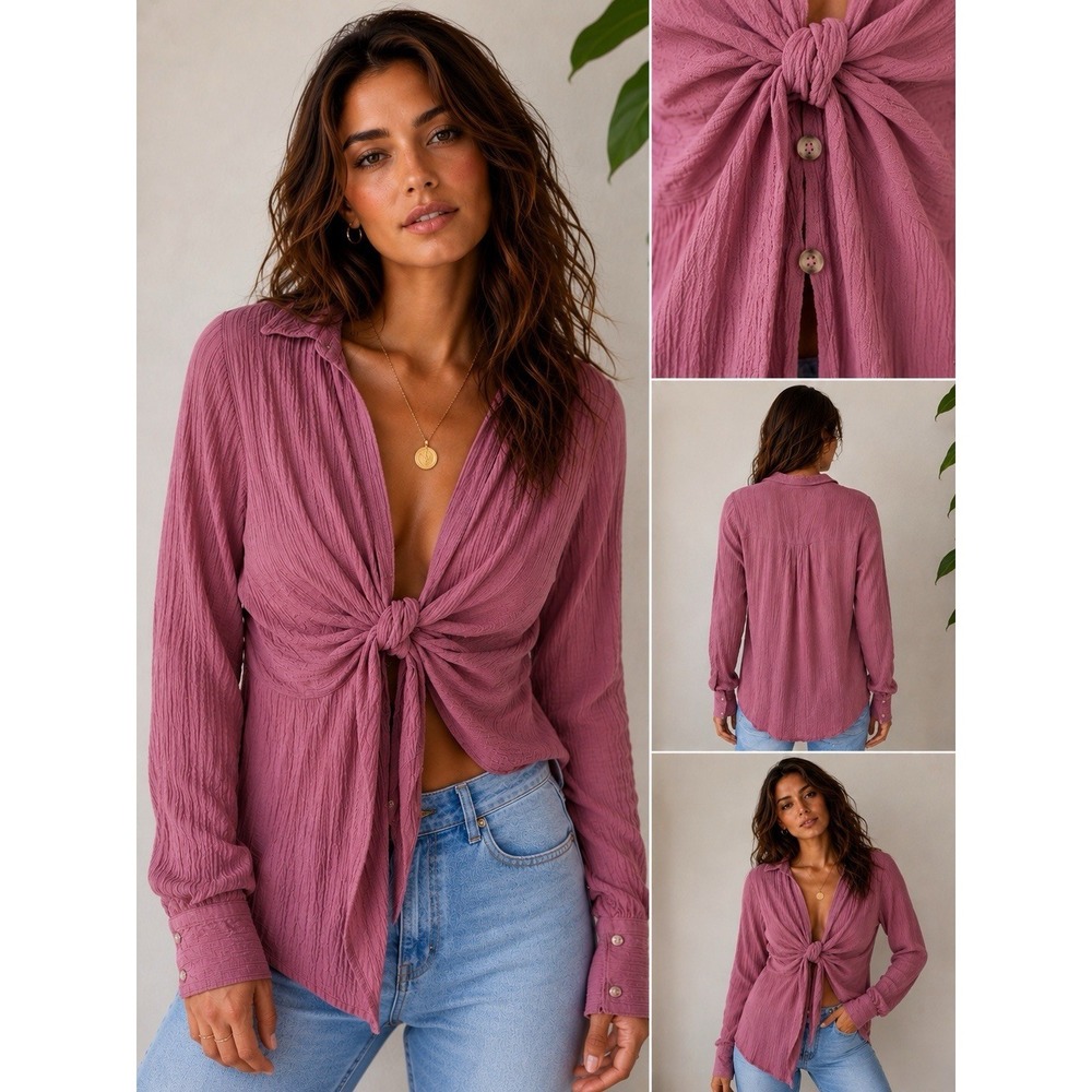 Free People Tie Front Crinkle Gauze Tunic Top Pink Boho Long Sleeve S - Picture 1 of 9
